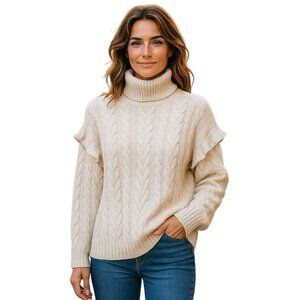 Joe's Cream Cable Knit Turtleneck Sweater XL NWT | Ruffle Sleeve Pullover
